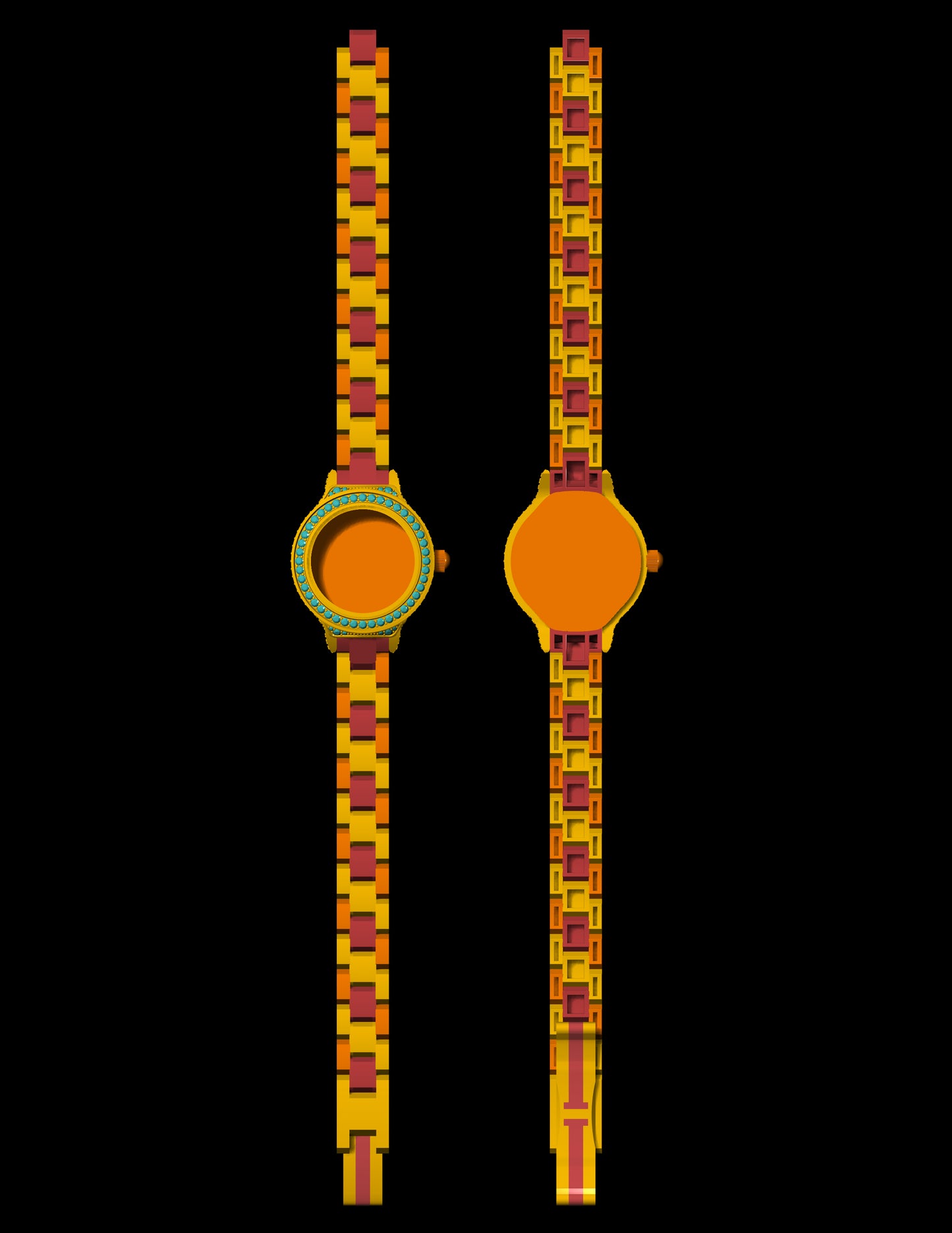 Luxury Bracelet Watch CAD File – Gem-Set Bezel, Full Link Strap (.3dm