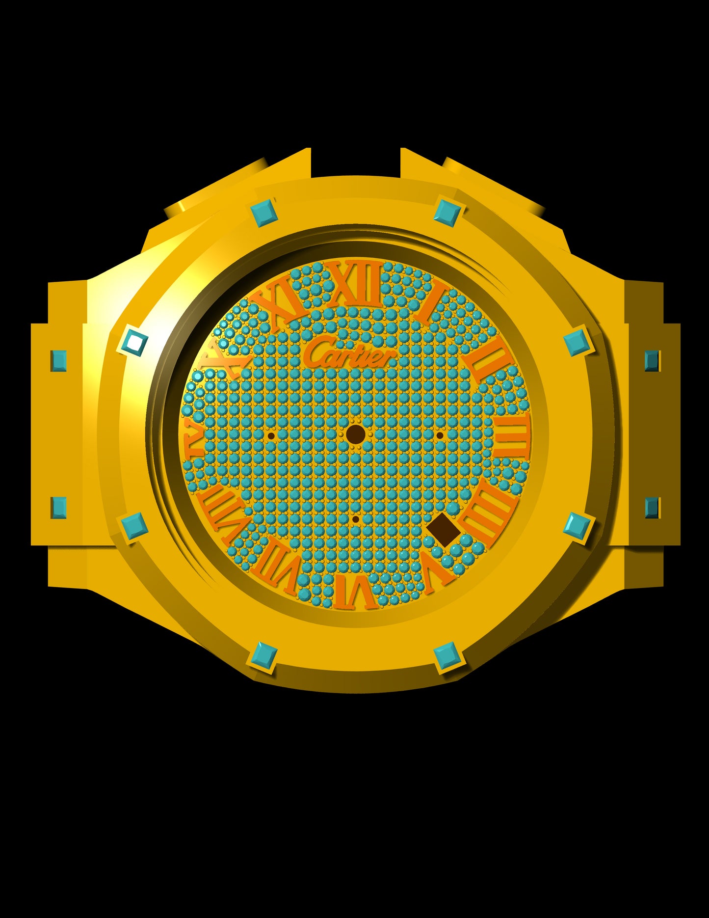Luxury Cartier-Inspired Watch CAD File – Bold Roman Dial & Gemstone Bezel Design