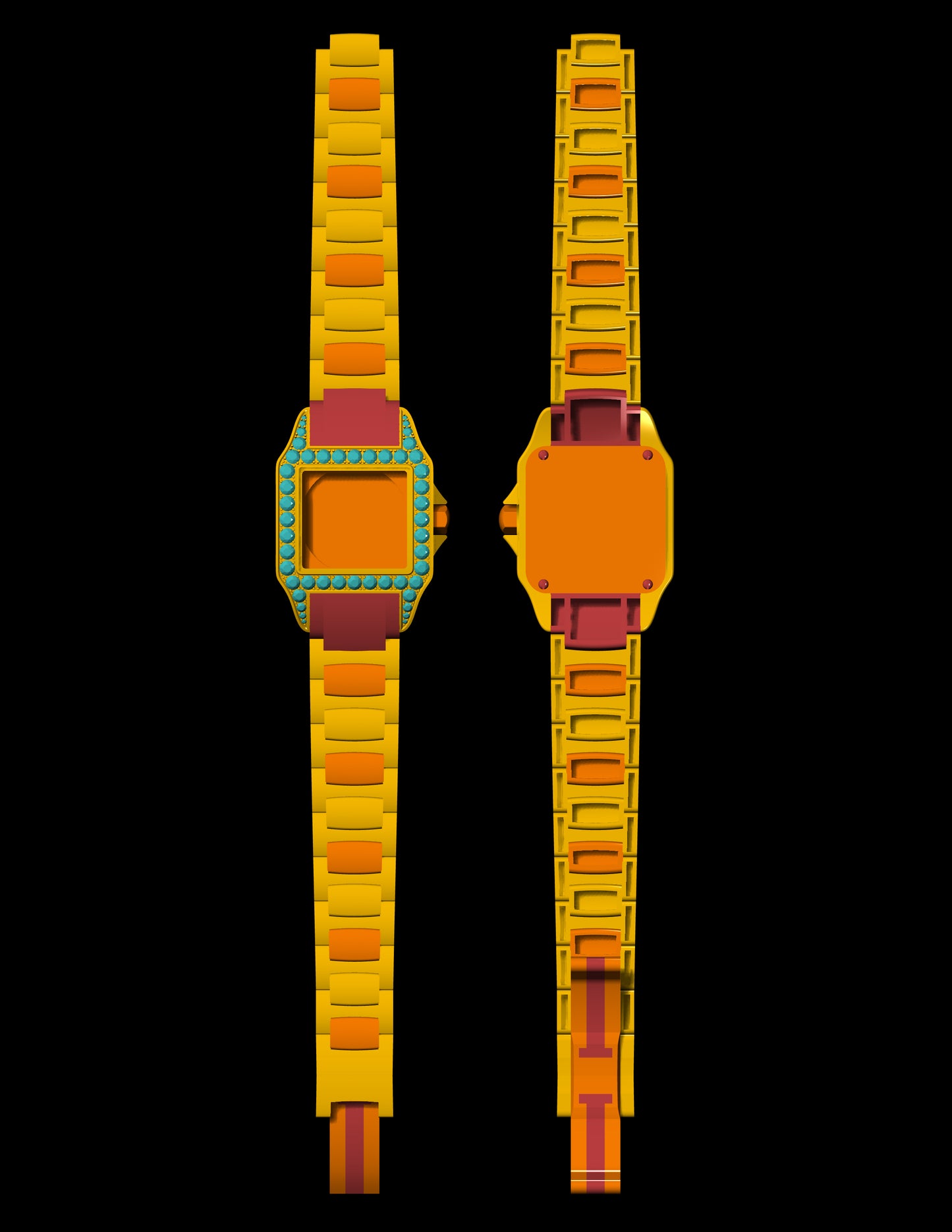 Luxury Square Dial Watch CAD File – Gemstone Bezel & Articulated Strap | 3D Printable Jewelry Design
