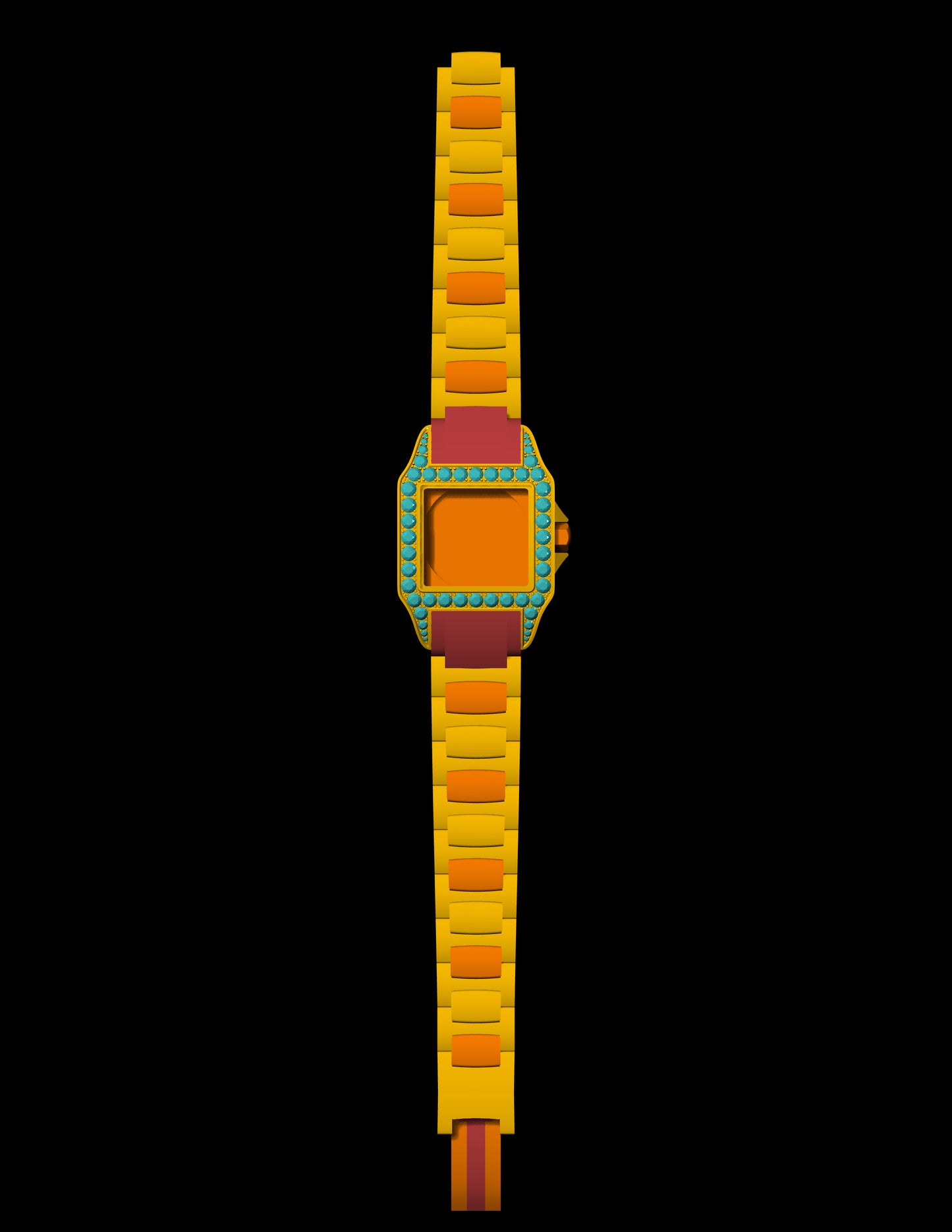 Luxury Square Dial Watch CAD File – Gemstone Bezel & Articulated Strap | 3D Printable Jewelry Design