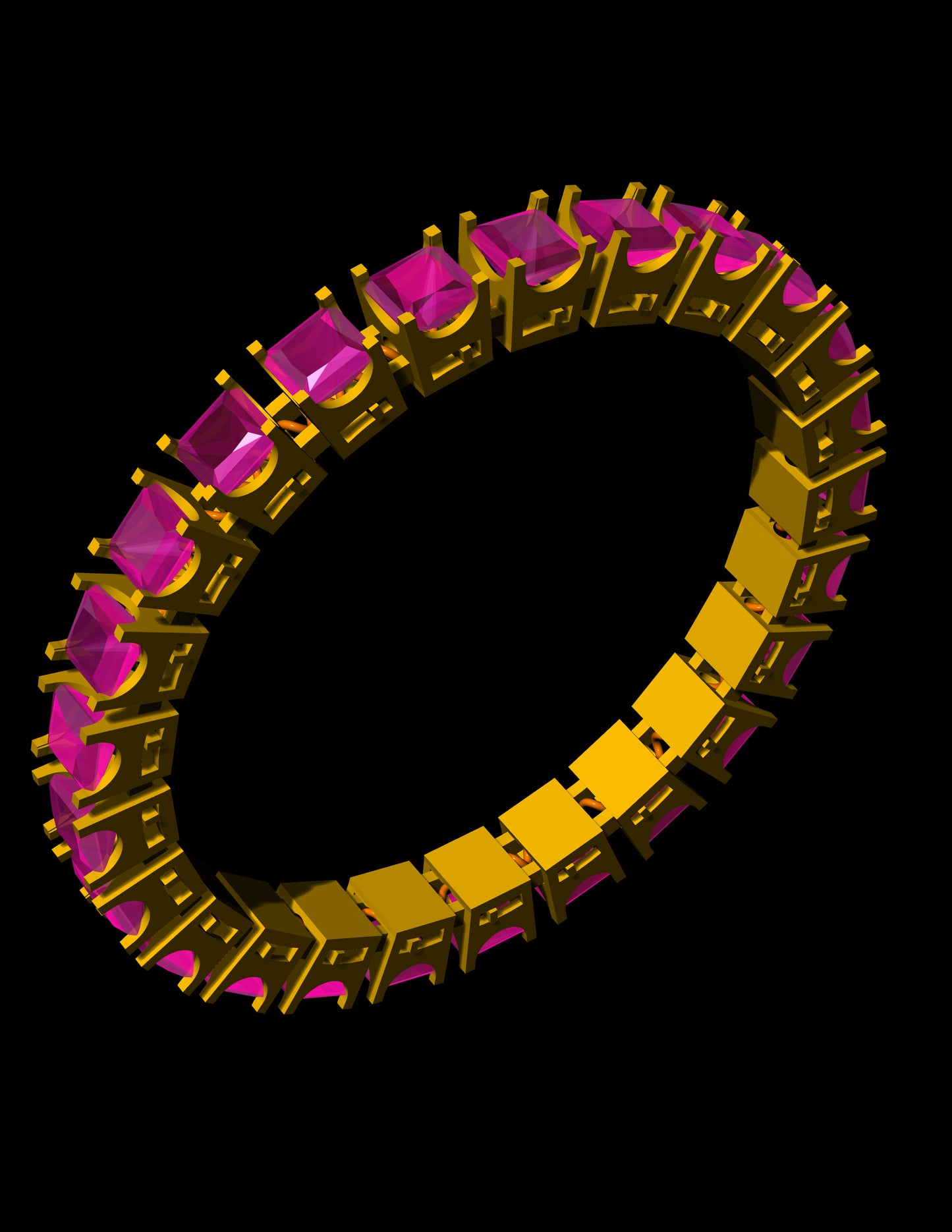 Princess Cut Spring Bracelet CAD File | Flexible Gold Bangle Design with 49 Stones | 3DM & STL Download