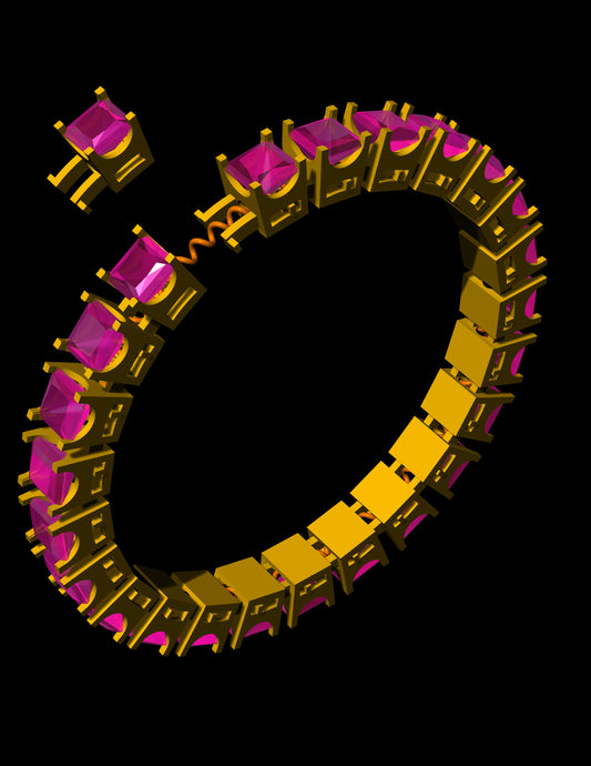 Princess Cut Spring Bracelet CAD File | Flexible Gold Bangle Design with 49 Stones | 3DM & STL Download